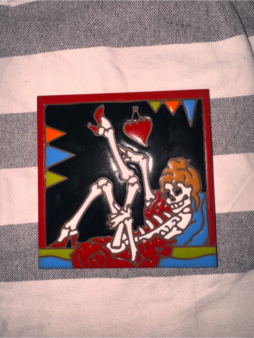 Earthtones Skeleton hand glazes art tile with Heart Accent - Red, Black, Blue